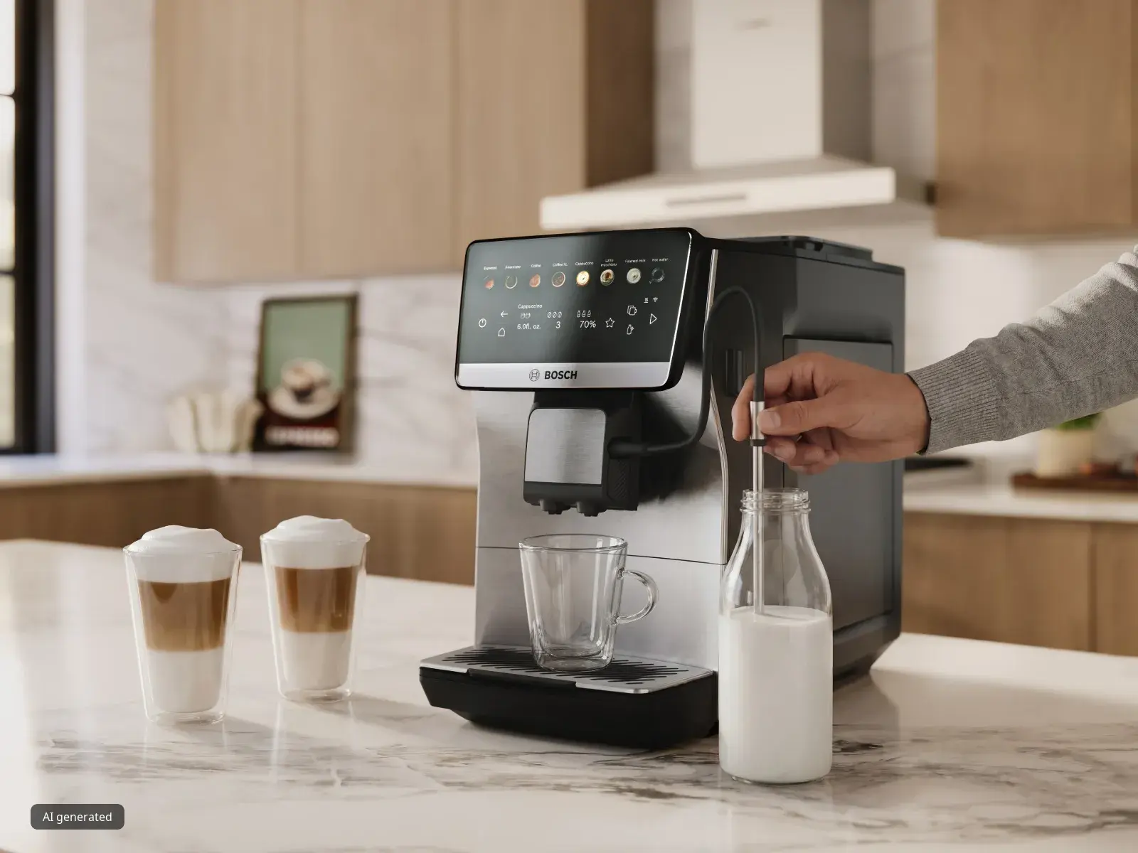 Bosch Series 6 VeroCafe coffee machine on kitchen counter with latte macchiato, a milk container and a milk hose.