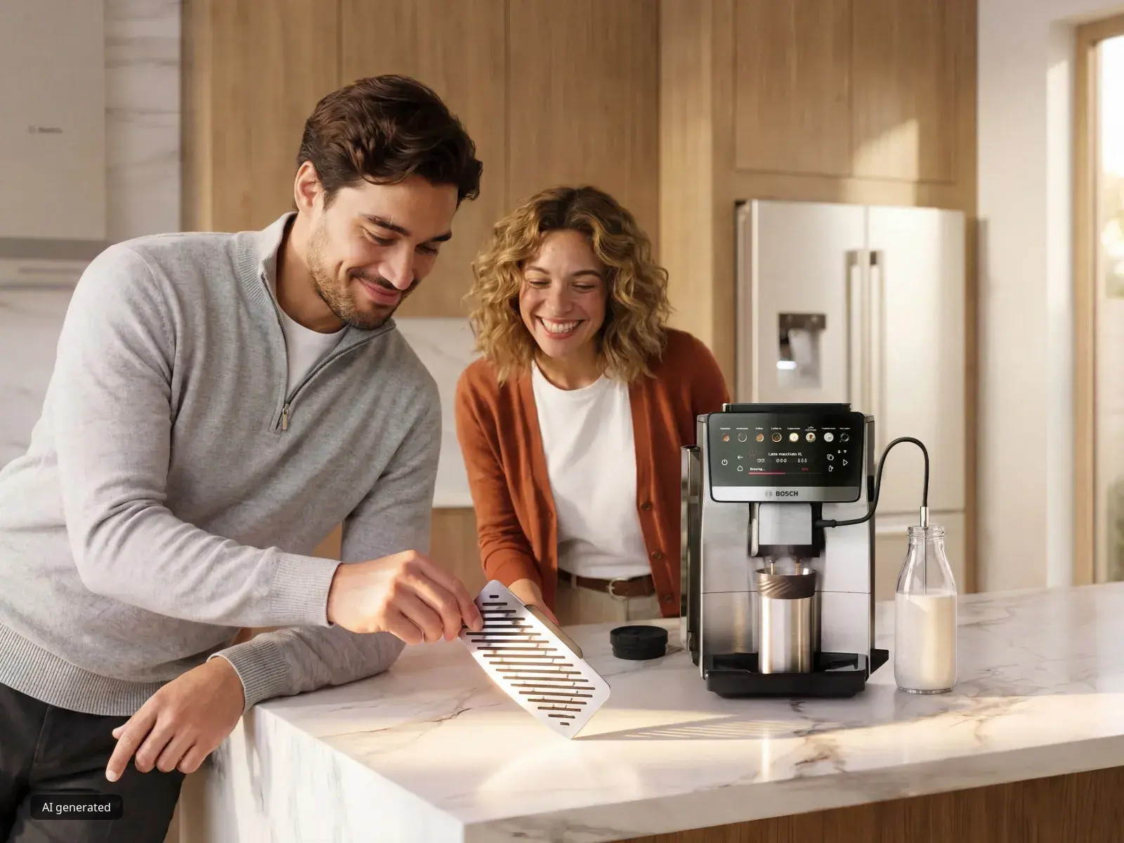 Man taking out the removable drip sheet for the Series 6 VeroCafe coffee machine, alongside a smiling woman and the Series 6 VeroCafe.