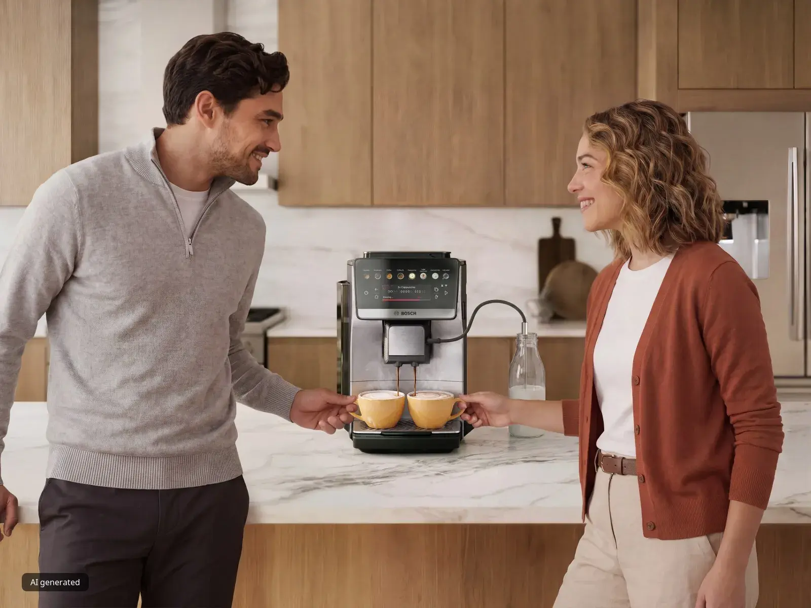Man and woman using the Double Cup feature of the Series 6 VeroCafe coffee machine, enjoying two freshly brewed cappuccinos.