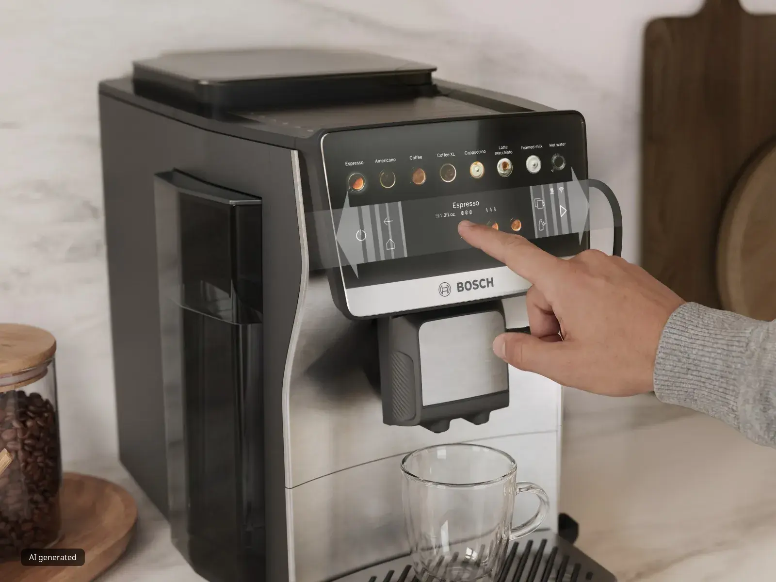 A hand choosing and customising their coffee drink on the touch screen of the Series 6 VeroCafe coffee machine, an empty cup waiting under the nozzle.