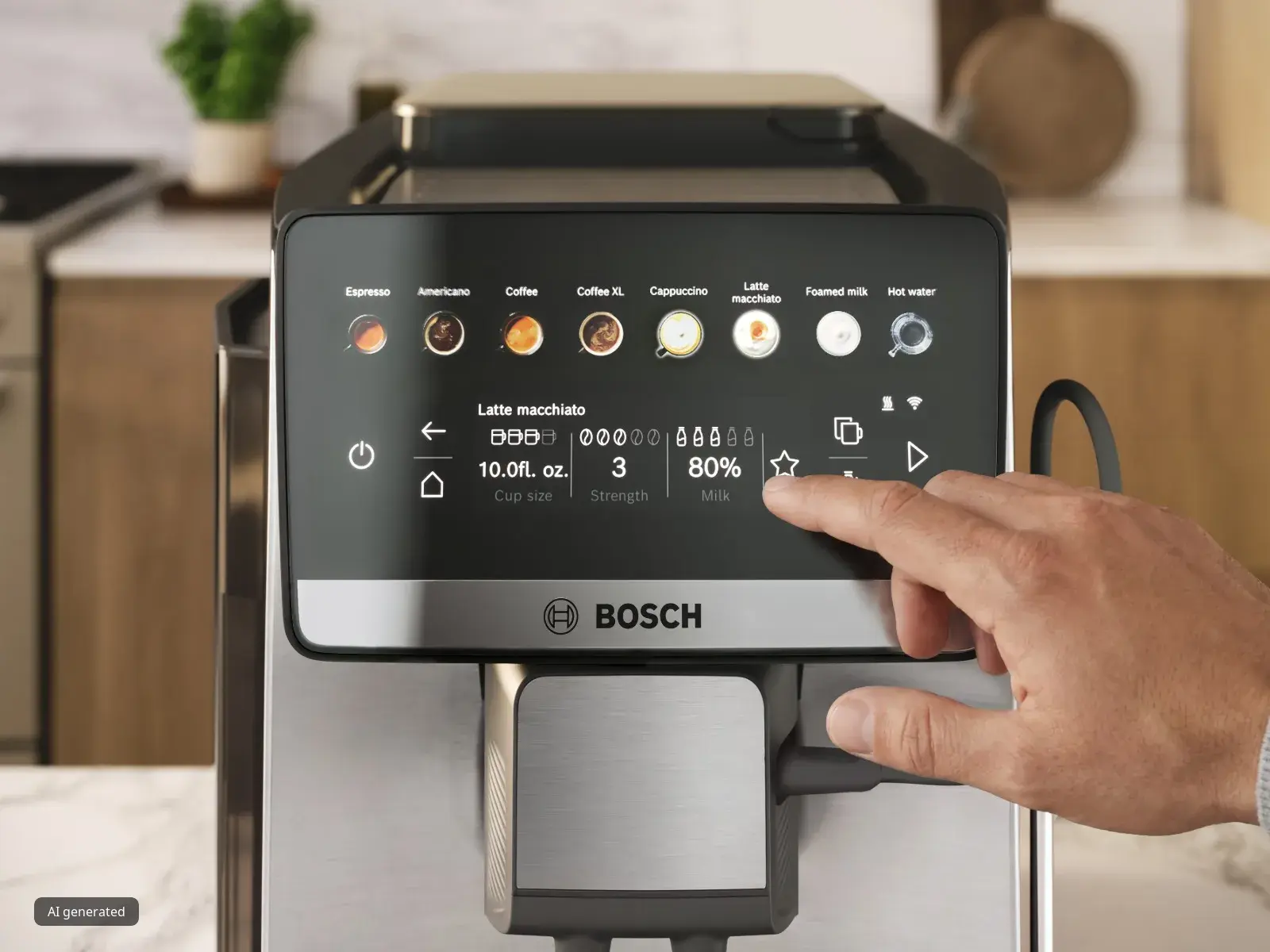 A hand customising their coffee drink aroma and strength on the touch screen of the Series 6 VeroCafe coffee machine.
