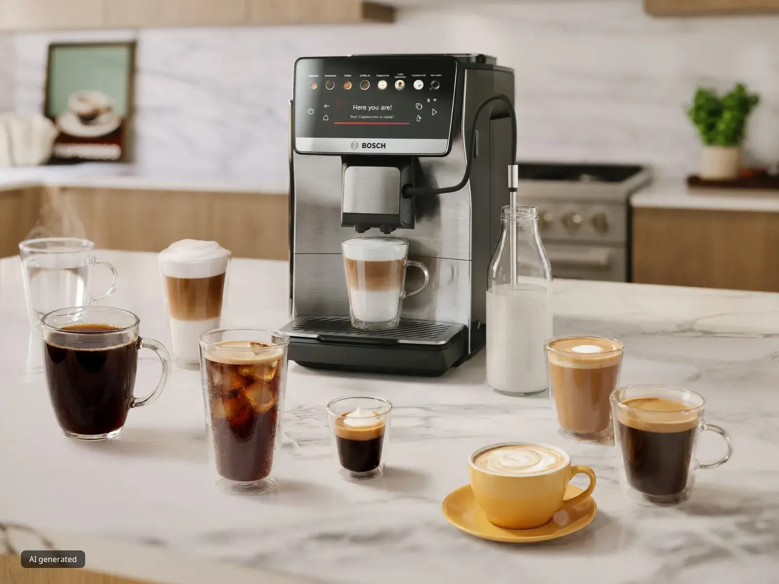 Bosch Series 6 VeroCafe coffee machine on kitchen counter with several coffee beverages around it, such as a cold brew and a latte macchiato.