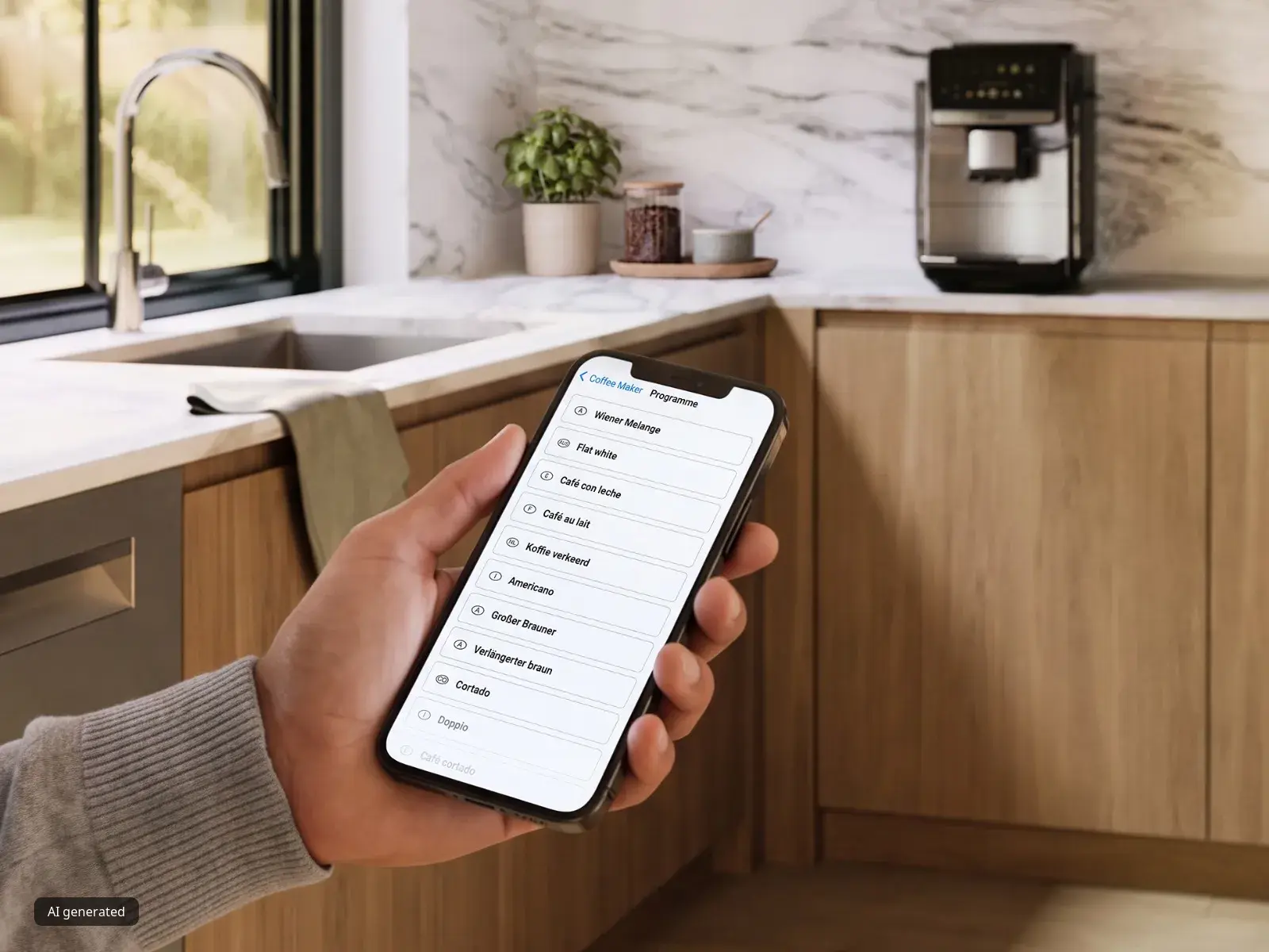 Man holding his smartphone and using the HomeConnect app for his Bosch Series 6 VeroCafe coffee machine.