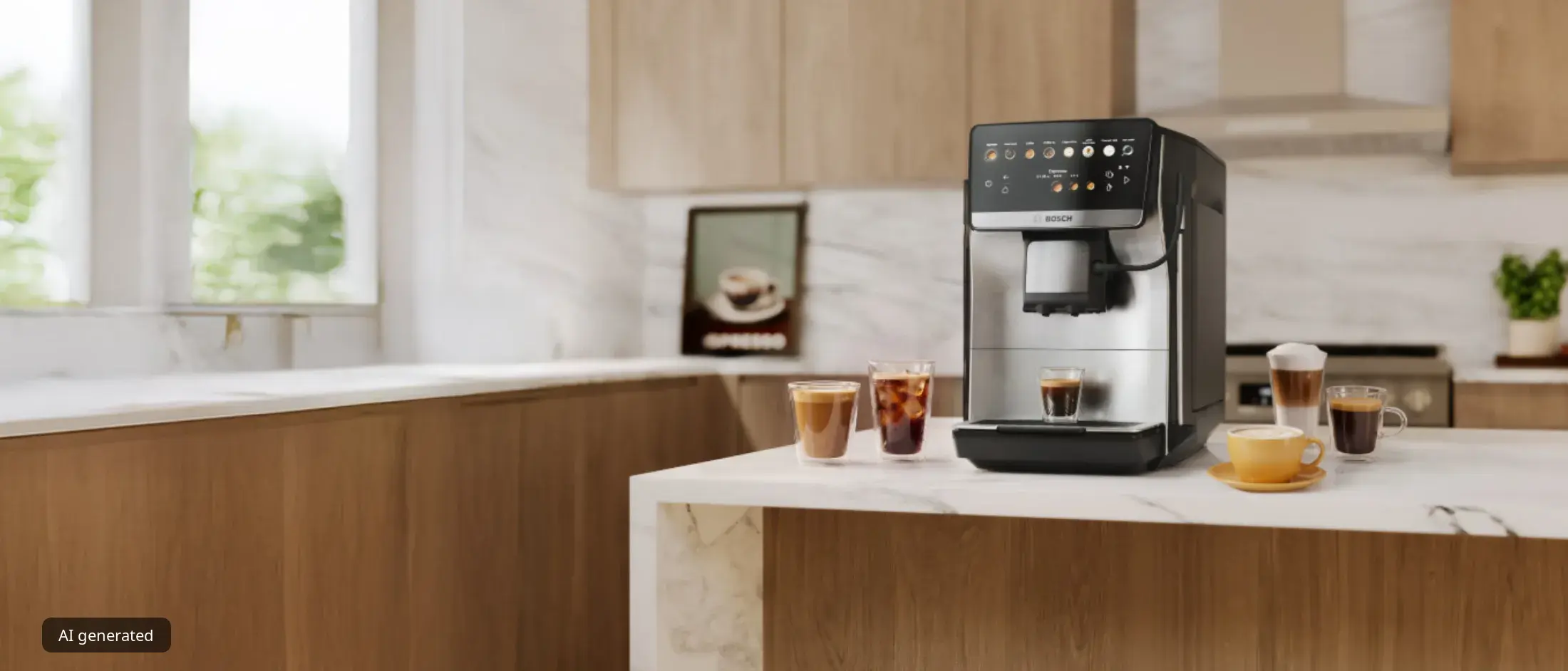 Bosch Series 6 VeroCafe coffee machine on kitchen counter with several coffee beverages around it.