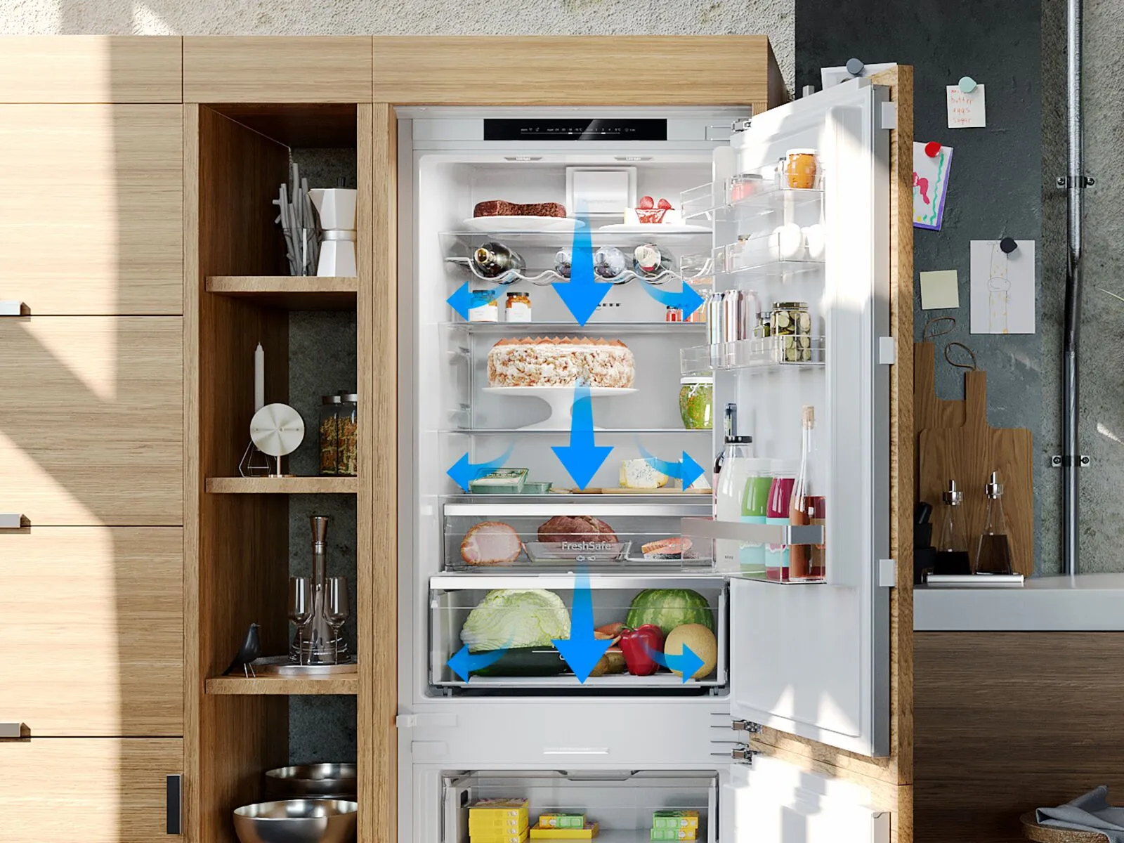 Eine Küche, die eine warme und einladende Atmosphäre ausstrahlt, mit Küchenschränken aus Holz und einem Kühlschrank.
