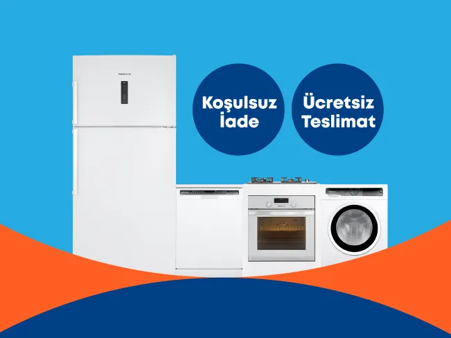 Profilo gri beyaz eşya setiyle birlikte "Koşulsuz İade" ve "Ücretsiz Teslimat" logolarını içeren reklam görseli.