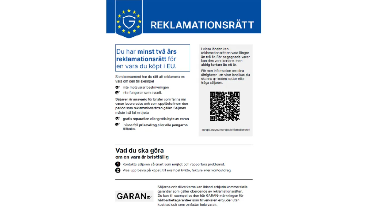 Etikett som beskriver en tvåårig laglig garanti för varor som säljs i Europeiska unionen med QR-kod.