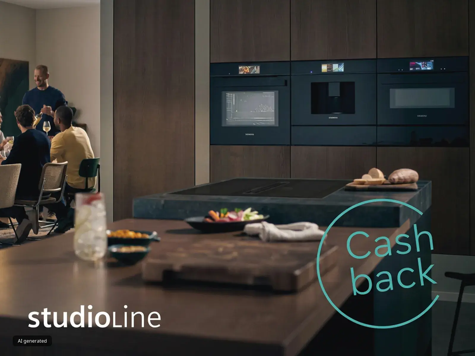 Kjøkken med hvitevarer, trebord, og "Cash back" skilt på benken.