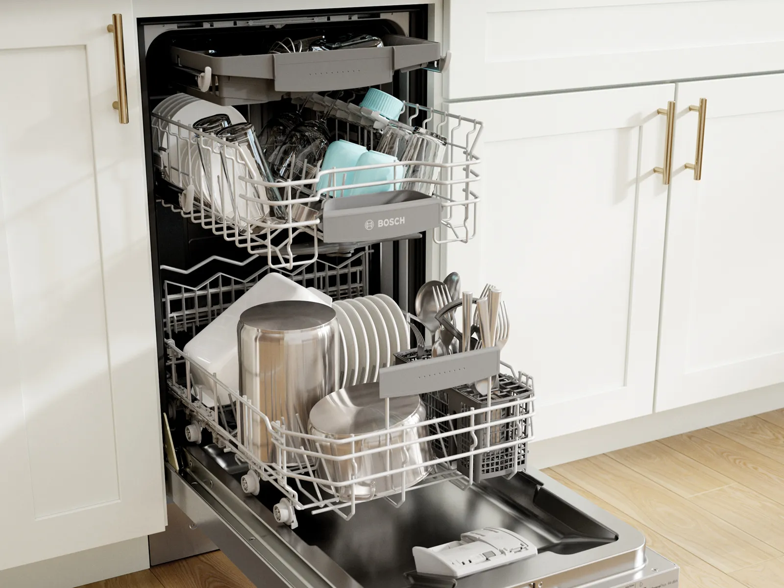 Bosch Dishwasher opened and filled with cleaned plates and utensils