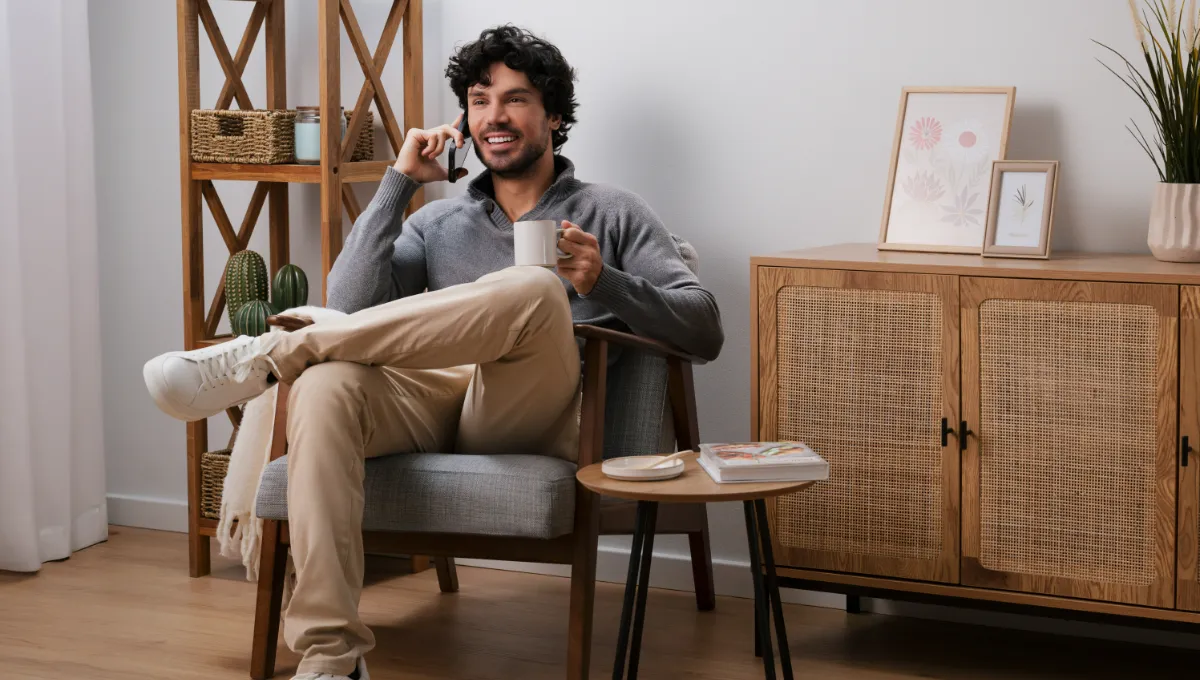 A man making a call with his smartphone while holding a mug.