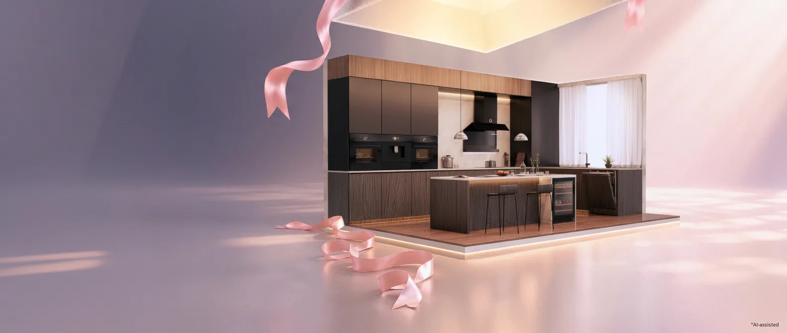 Modern kitchen countertop with stainless cookware on stovetop, blue tile backsplash, wood boards, potted plant, cleaners and an egg basket plus badge.