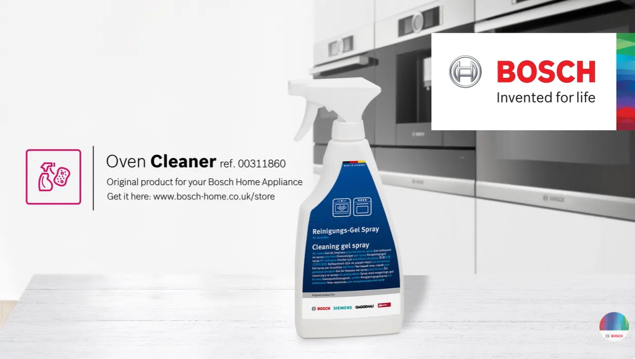 Bosch oven cleaner on kitchen counter top and ovens in the background.