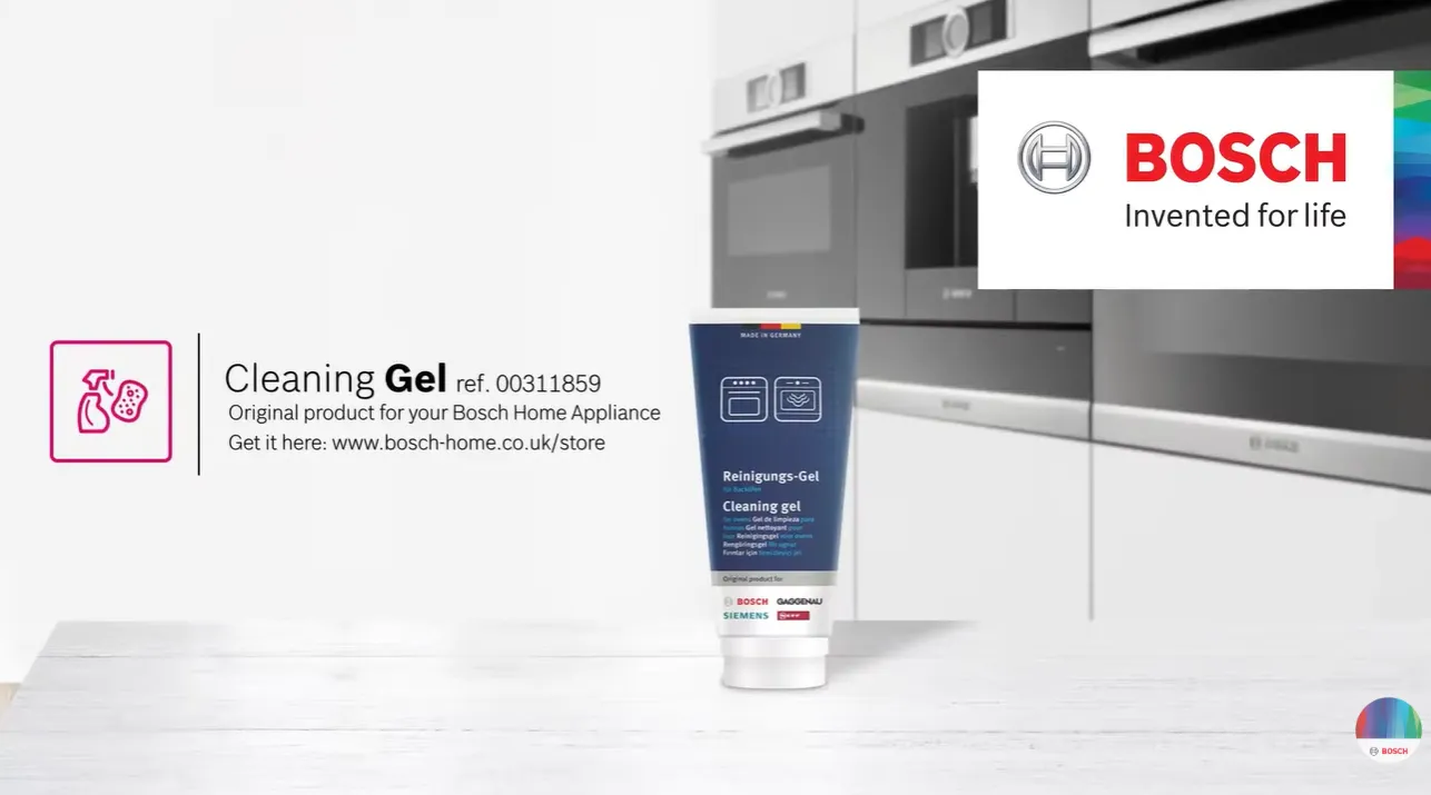 Bosch gel oven cleaner on kitchen counter top with ovens in the background.