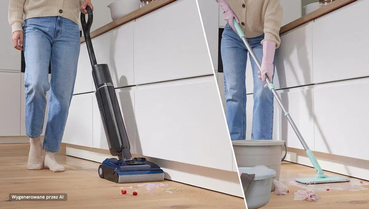 Split image comparing a Bosch floor washer easily cleaning a mess to a person using a traditional mop and bucket.