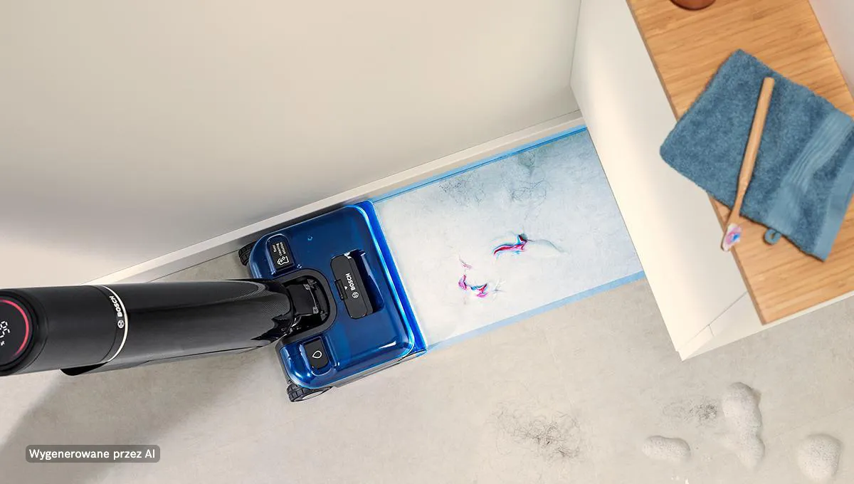 cleaning_1200x680.png Top-down view of the Bosch floor washer cleaning dirt and spills right up to the edge of a wall and white cabinet.