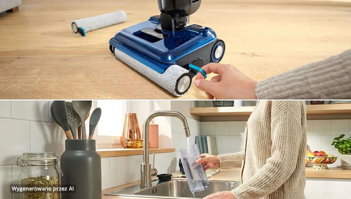 Split image showing the easy maintenance, with a hand removing the roller brush and a person refilling the water tank.