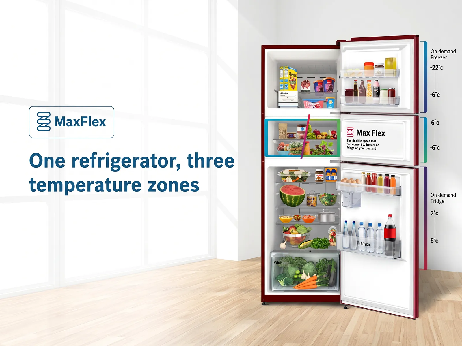 A graphic showcasing a refrigerator with three distinct temperature zones, labeled "MaxFlex".