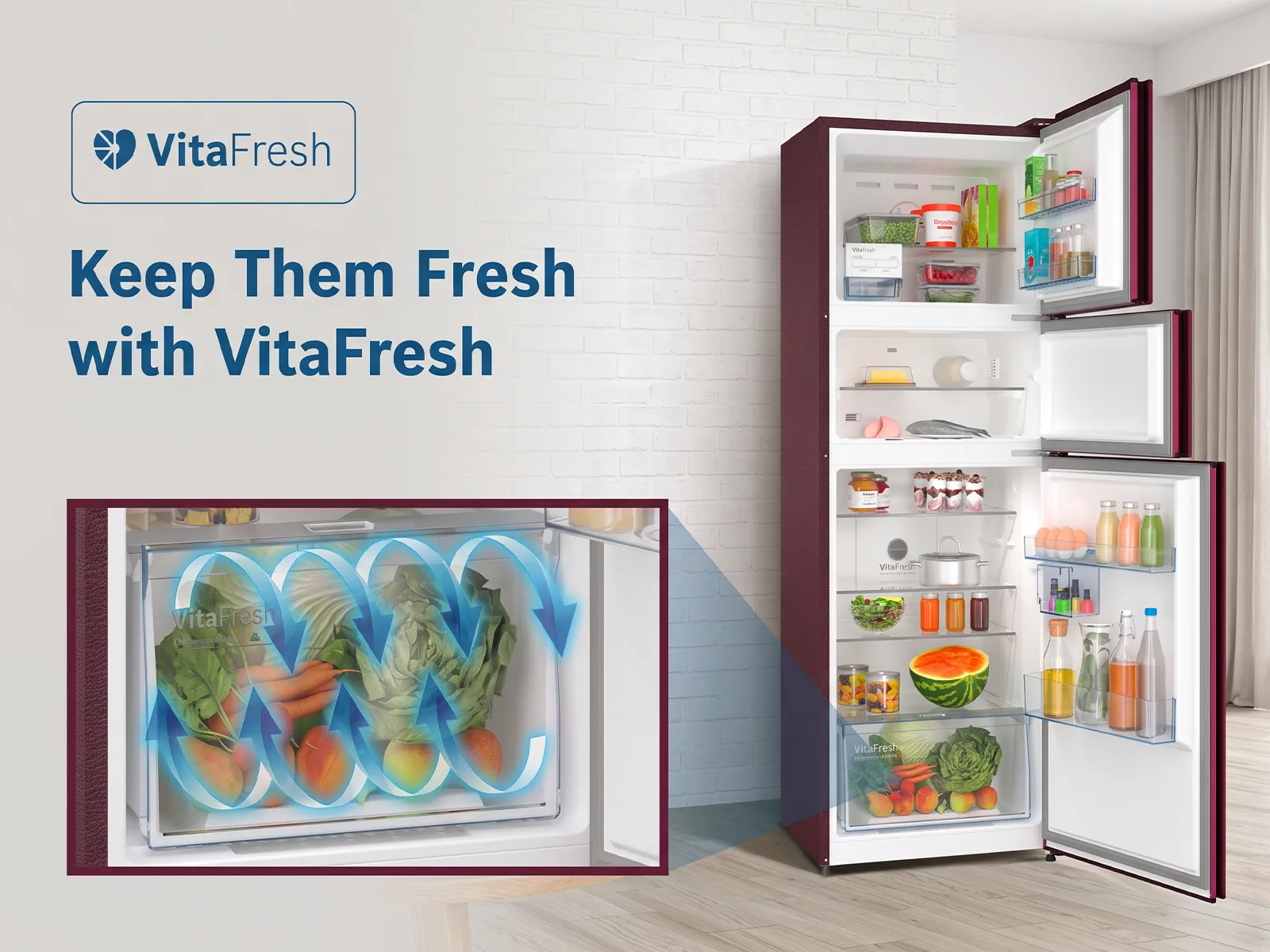 A graphic illustrating the "MultiAirflow" feature in a refrigerator, showing air circulation patterns and text "Up to 40% more air circulation".