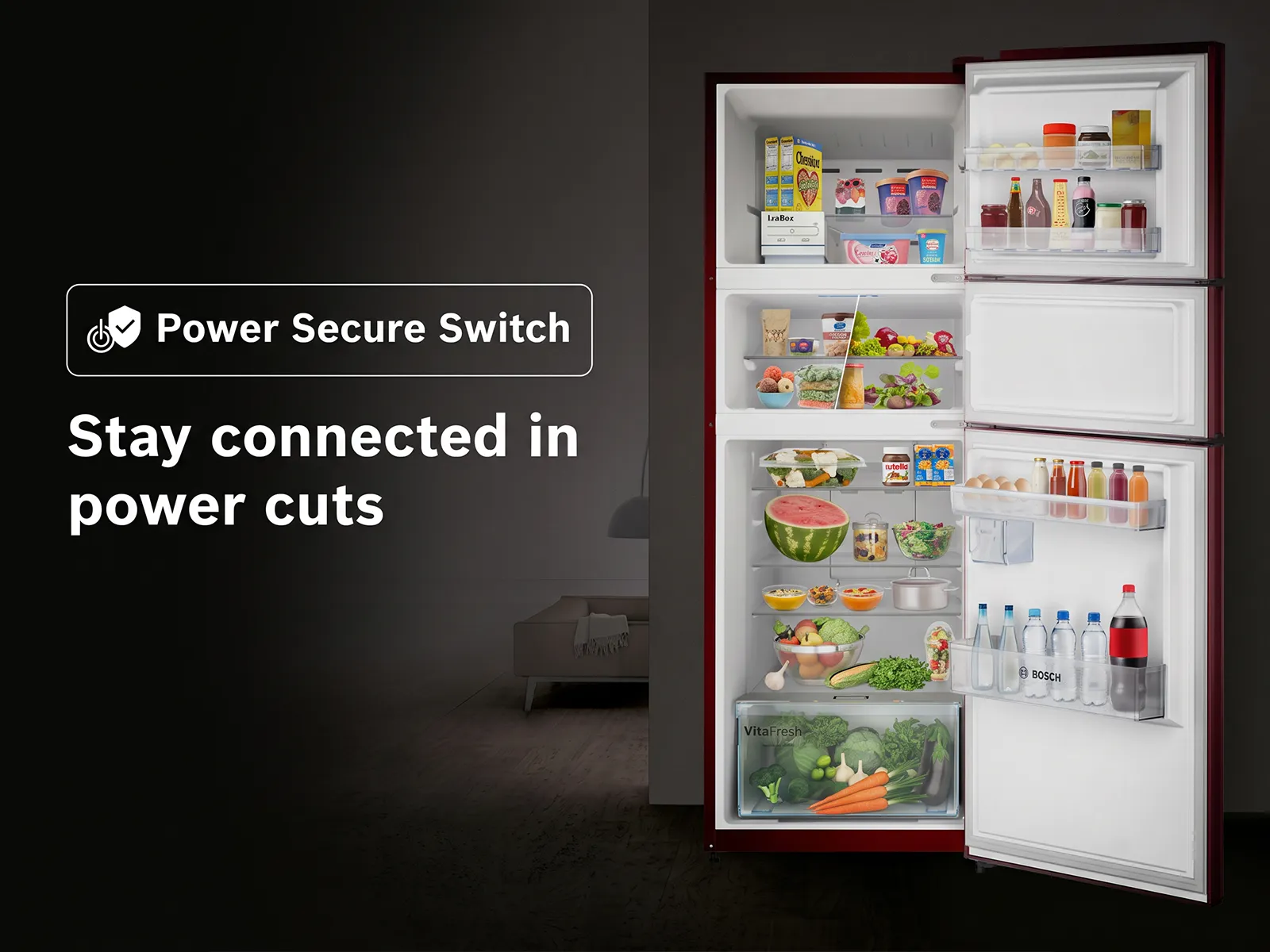 A graphic illustrating the Max Flex feature with a power secure switch, likely for a refrigerator.