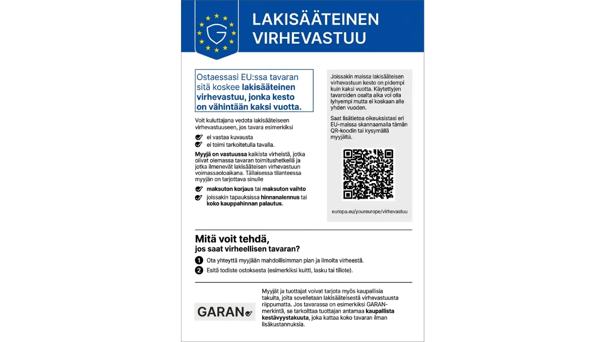 Tarra, jossa on tiedot Euroopan unionissa myytävien tavaroiden kahden vuoden lakisääteisestä takuusta sekä QR-koodi.