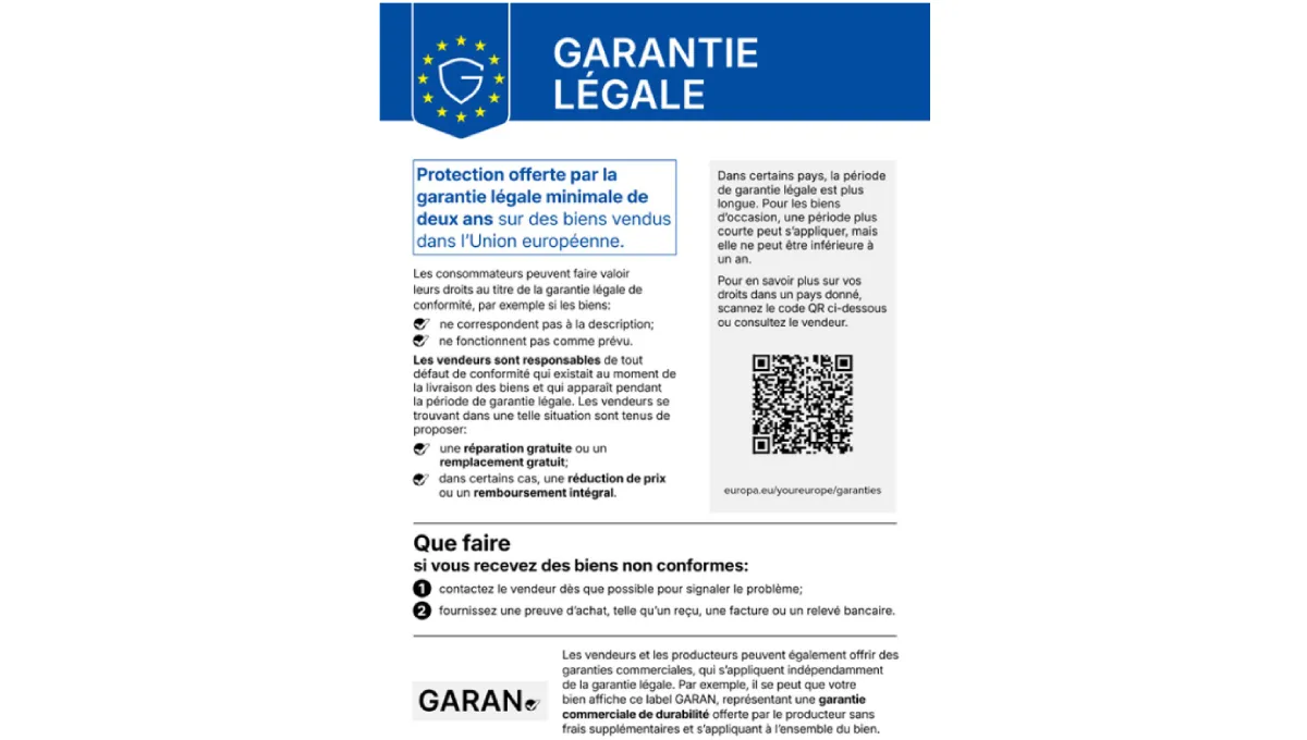 Étiquette détaillant la garantie légale de deux ans pour les biens vendus au sein de l'Union européenne, avec code QR.