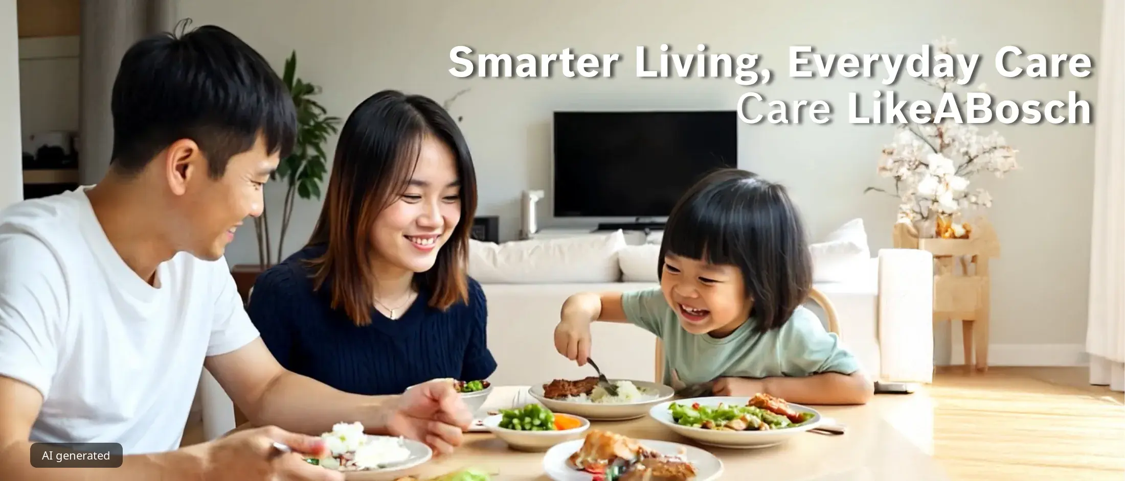 Family sharing a meal at home, showcasing Bosch home appliances that support everyday care, cooking, cleaning and laundry routines. Show more lines