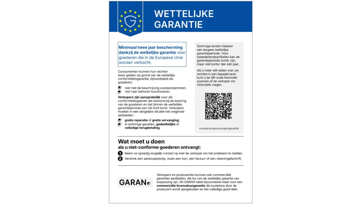 Label met details over een wettelijke garantie van twee jaar voor goederen verkocht in de Europese Unie met QR-code.