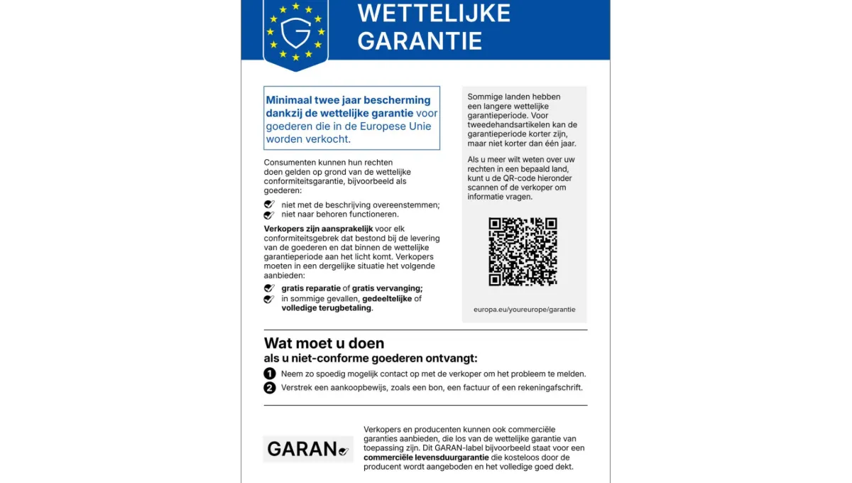 Label detailing a two-year legal guarantee for goods sold in the European Union with QR code.