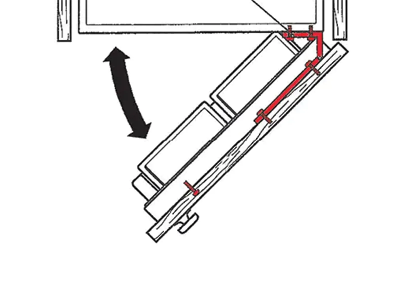 Eine schematische Darstellung eines mechanischen Scharniersystems mit Pfeilen, die die Bewegung und präzise Ausrichtung der Komponenten innerhalb der Rahmenstruktur verdeutlichen.
