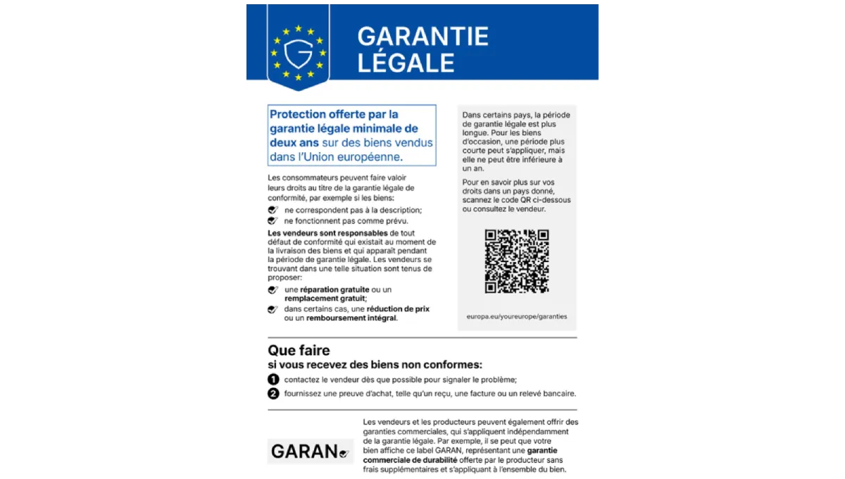Étiquette détaillant la garantie légale de deux ans pour les biens vendus au sein de l'Union européenne, avec code QR.