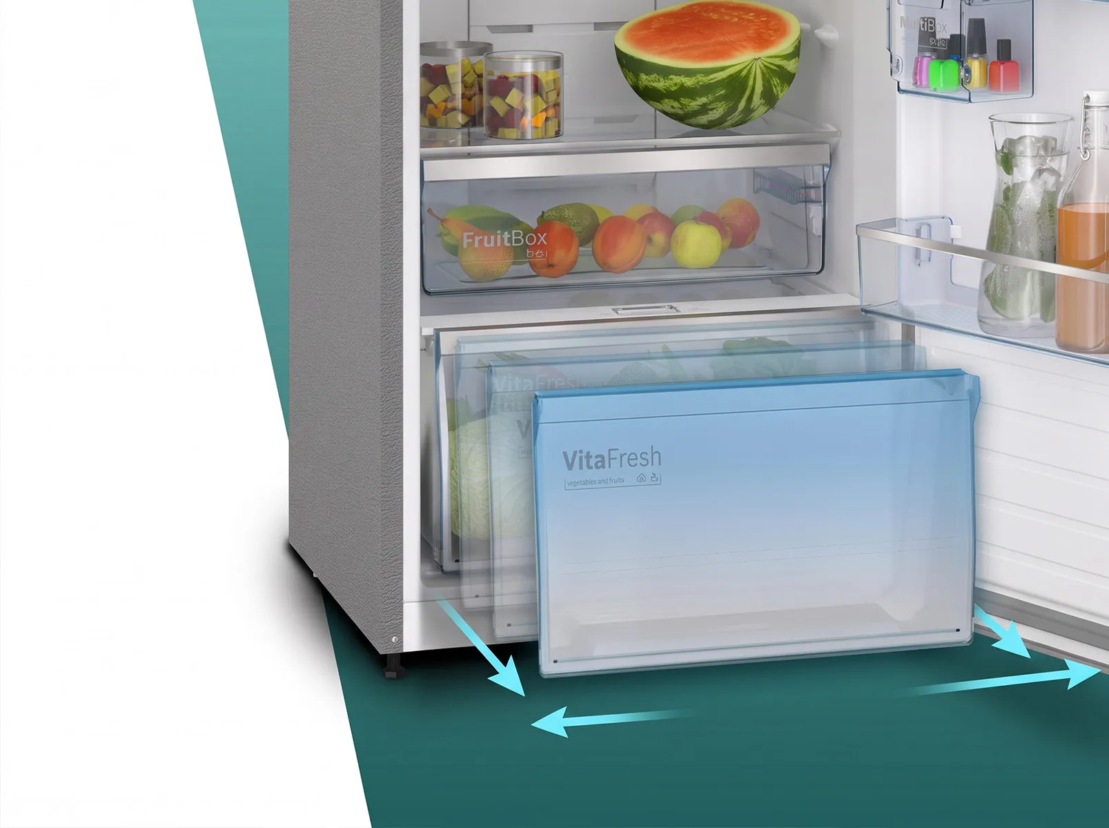 An open refrigerator with a removable VitaFresh Crisper Box, illustrating the "EasyClean" feature for hassle-free maintenance.