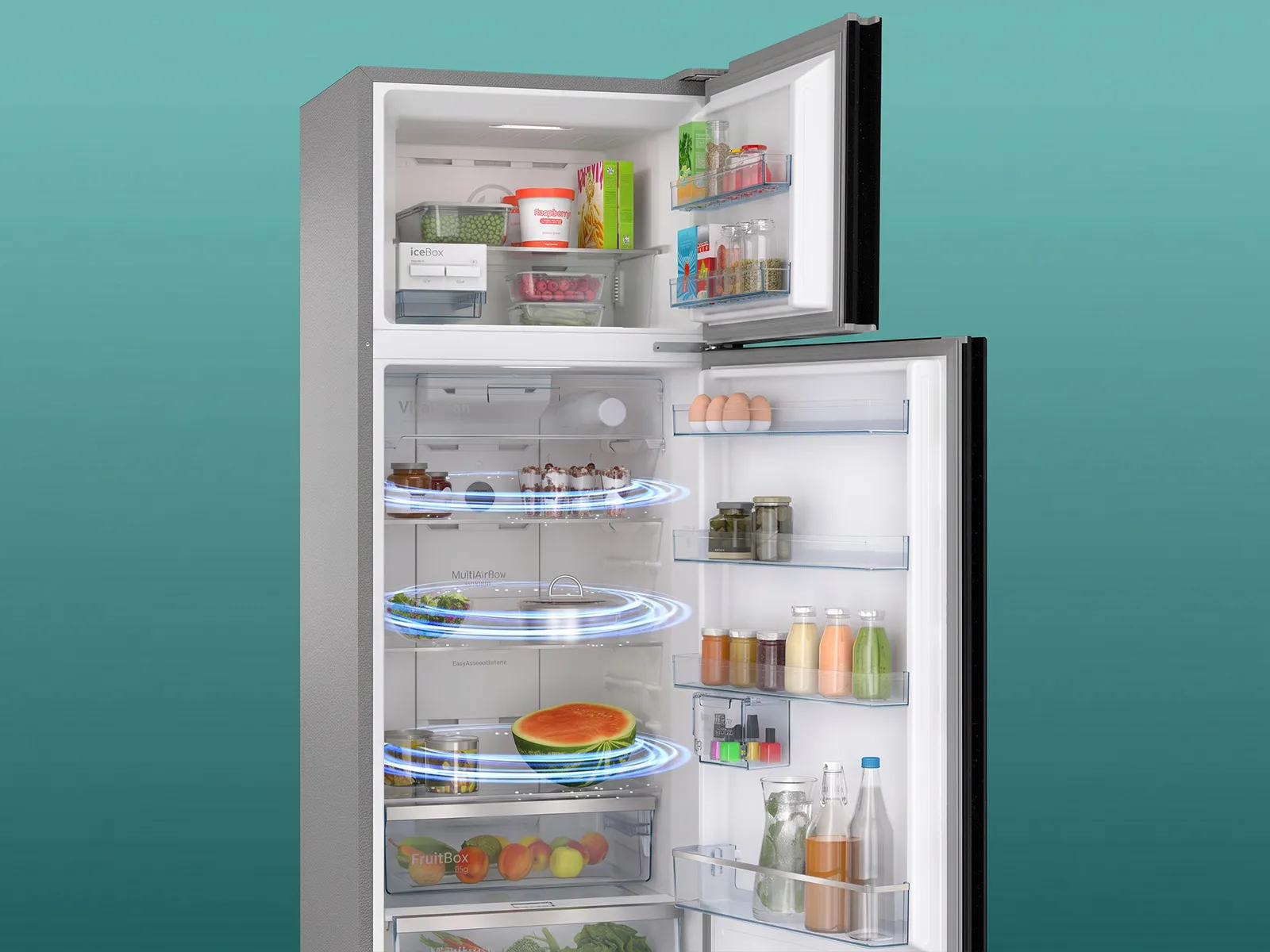 An open refrigerator with blue airflow lines, illustrating the "MultiAirflow" feature for uniform cooling and consistent temperature.