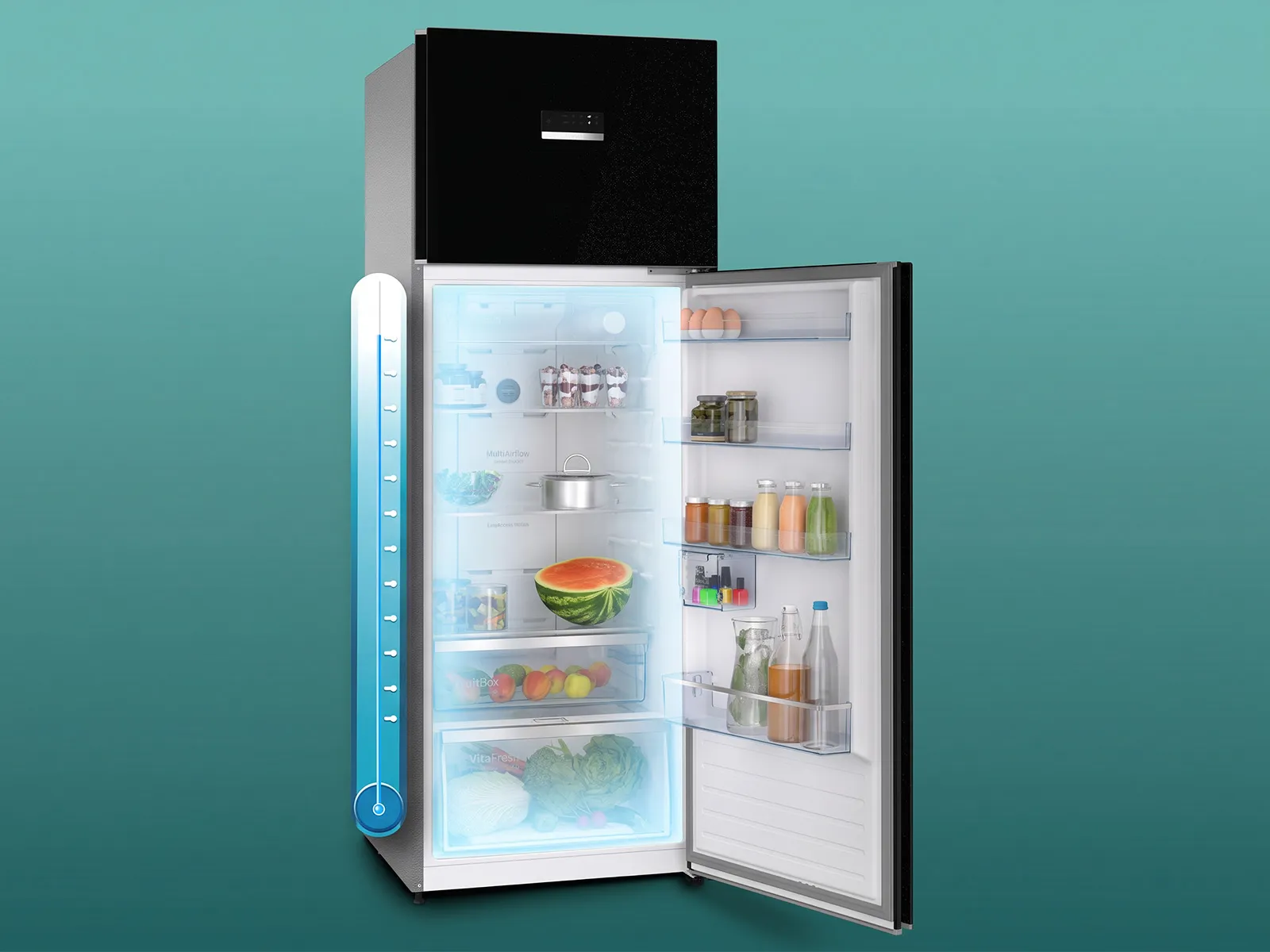 An open refrigerator with a blue temperature gauge on the side, illustrating the "SuperCooling" feature for rapid cooling.