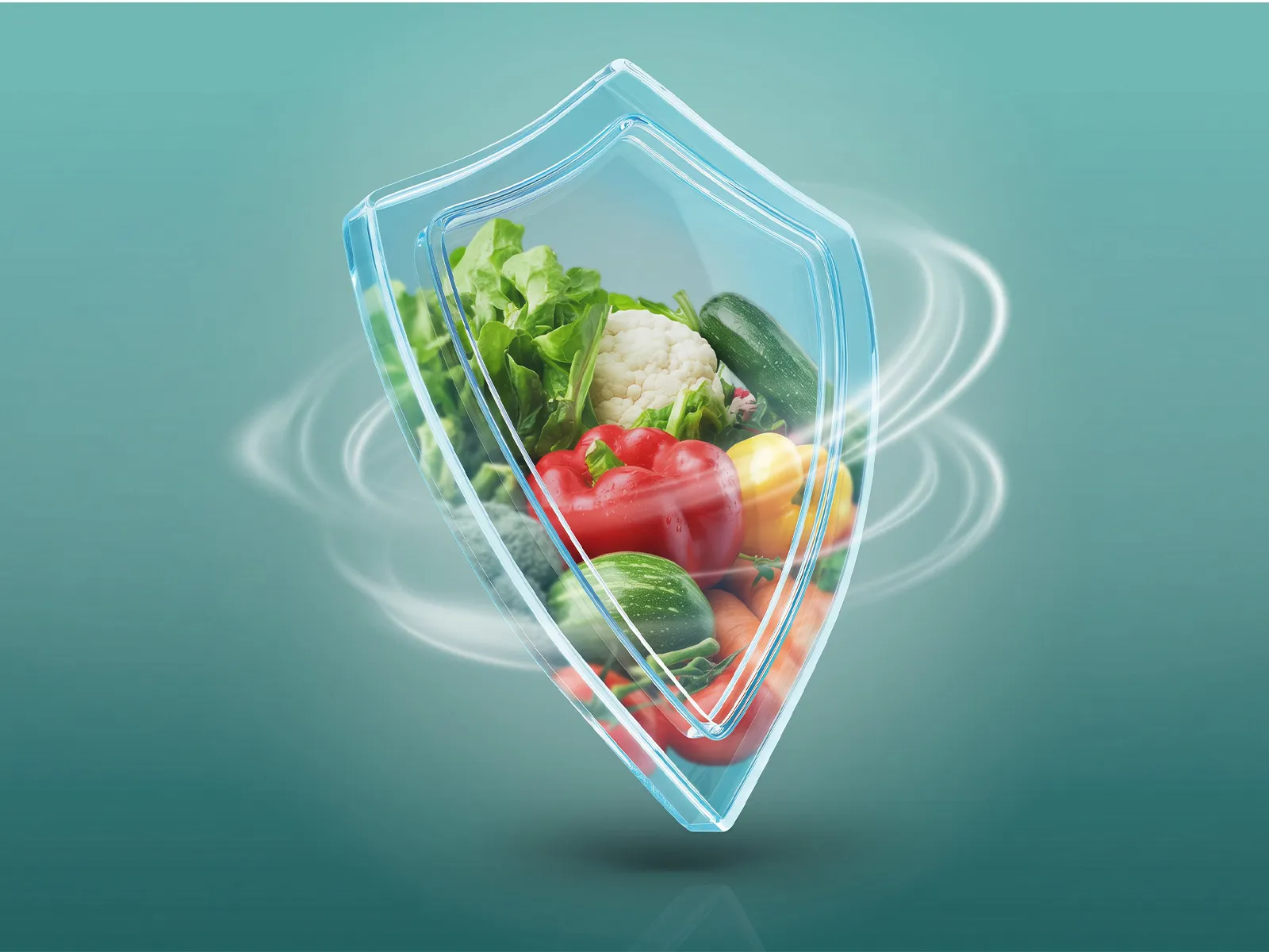 A shield-shaped container filled with fresh vegetables, surrounded by swirling air, illustrating the "AirFresh Filter" feature for eliminating odors and bacteria.