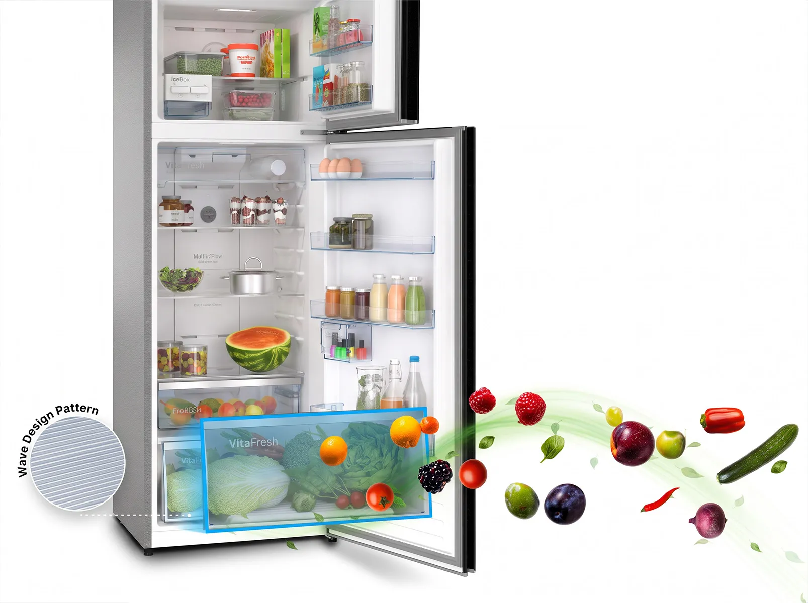 An open refrigerator filled with food, highlighting the VitaFresh Crisper Box with a wave design pattern, and text explaining its benefits for keeping produce fresh.