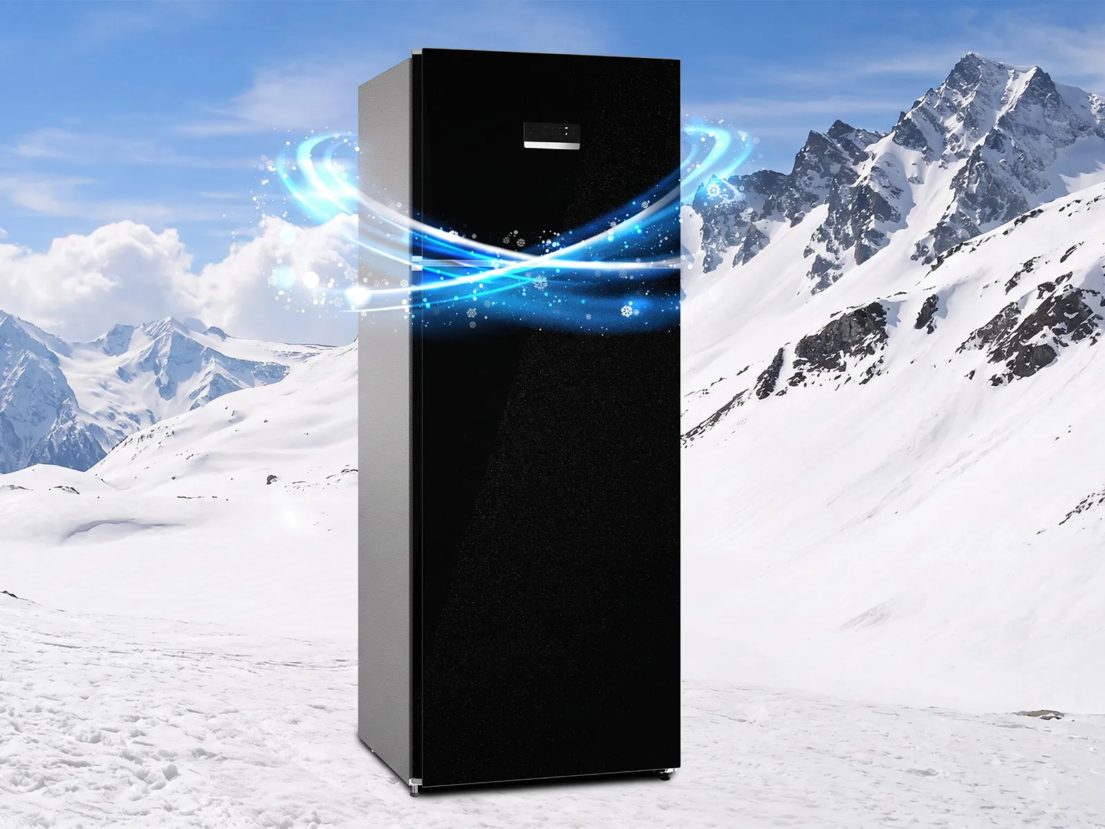 A black refrigerator in a snowy mountain landscape with blue glowing effects, advertising "SuperFreezing" technology.