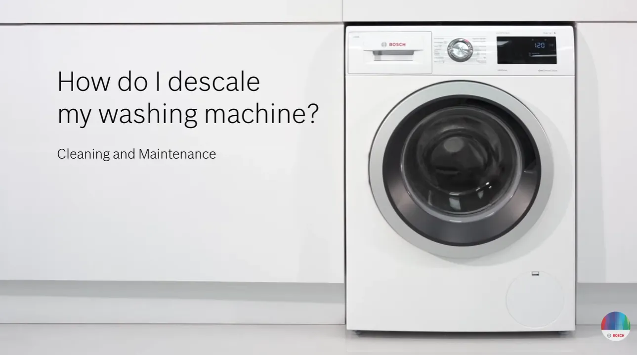 Front-loading washing machine on the right with the text 'How do I descale my washing machine? Cleaning and Maintenance' on the left.