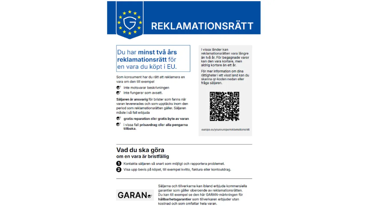 Etikett som beskriver en tvåårig lagstadgad garanti för varor som säljs inom EU, med QR‑kod.