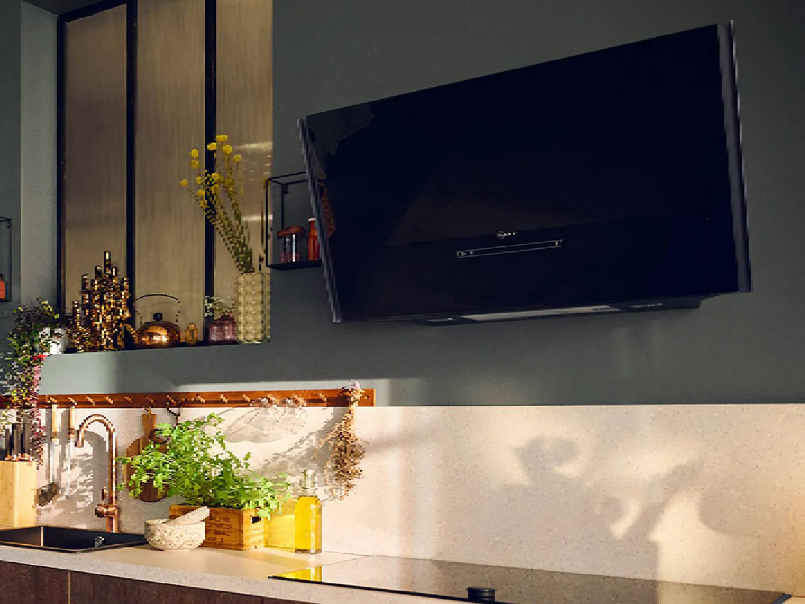 Modern kitchen with a mounted black range hood, white countertop, dark wood cabinets, and decorative plants and bottles.