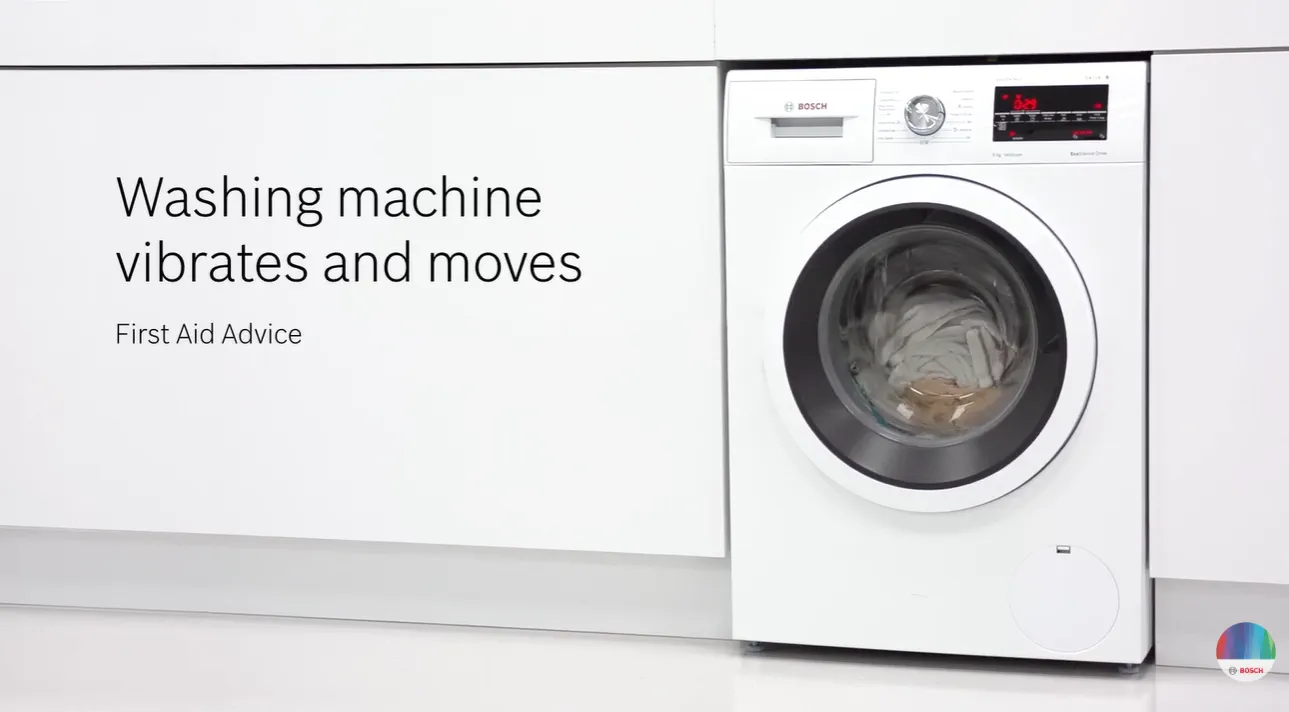 White front-loading washing machine set against a light wall on the right; to the left the heading reads 'Washing machine vibrates and moves' with the subheading 'First Aid Advice