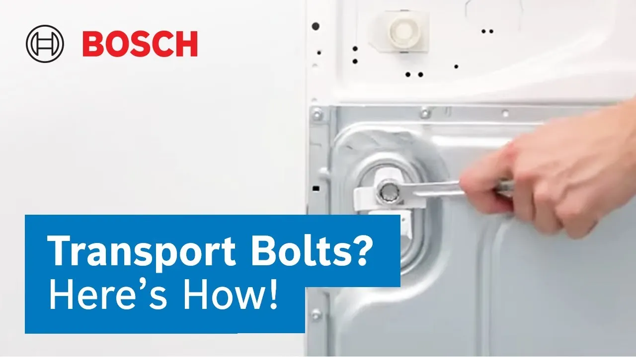Close-up of a white Bosch washing machine rear/side panel with a hand turning a wrench on a transport bolt; blue caption says 'Transport Bolts? Here's How!'.