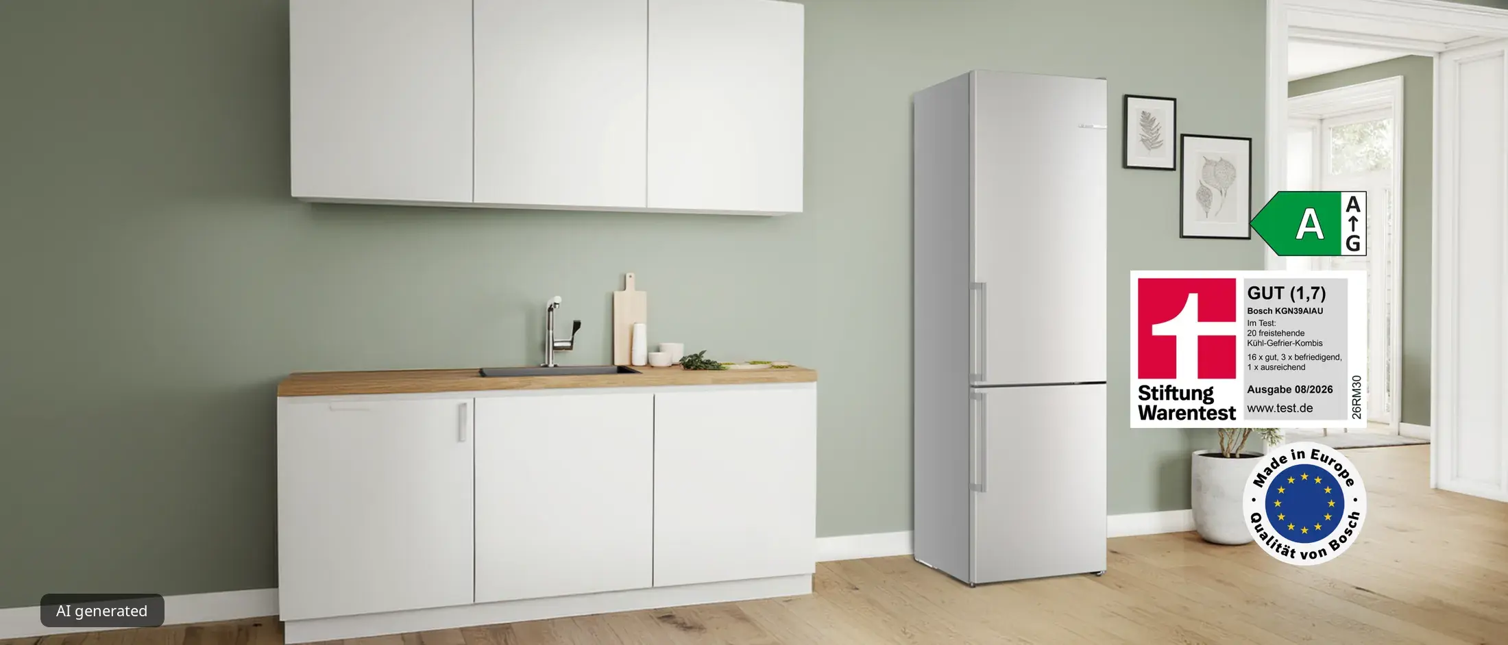 Bosch Kühl-Gefrier-Kombination KGN39AIAU mit Energieeffizienzklasse A, Stiftung Warentest Qualitätsurteil GUT (1,7), Ausgabe 08/2026, und Made-in-Europe-Siegel.