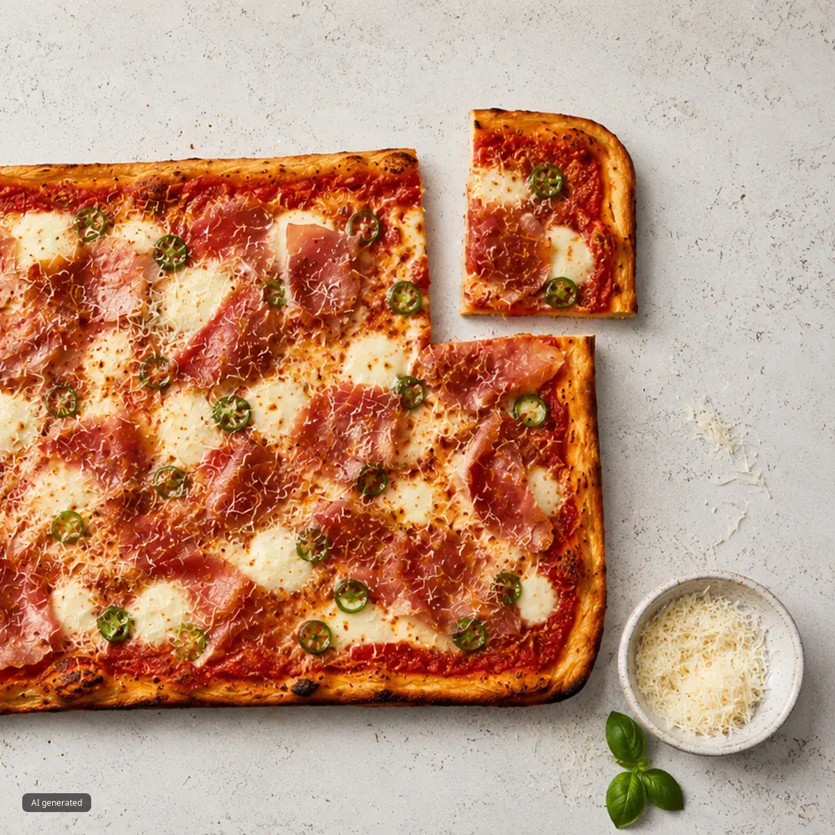 Freshly baked rectangular pepperoni and green pepper pizza being lifted with a spatula from a dark green baking pan.