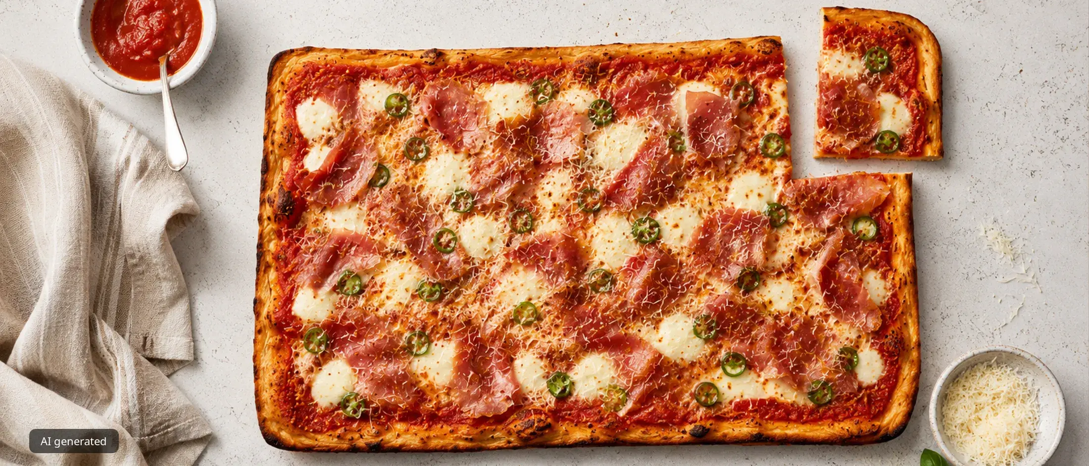 Freshly baked rectangular pepperoni and green pepper pizza being lifted with a spatula from a dark green baking pan.