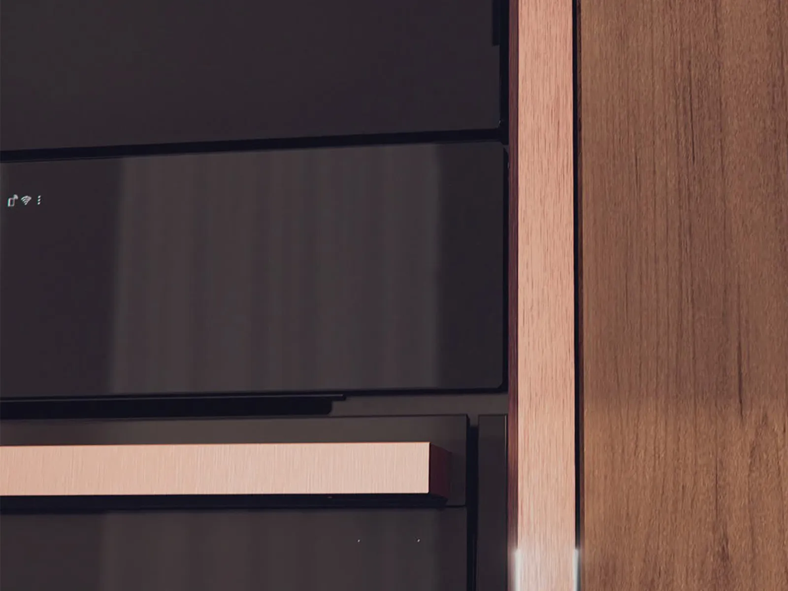 Close-up of a modern kitchen cabinet with dark glass panels and a wooden door.