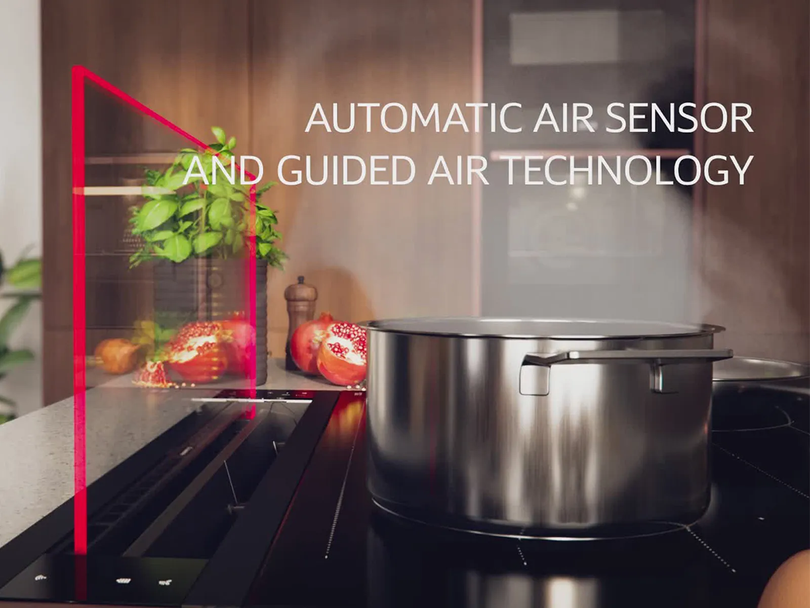 Stove with automatic air sensor and guided air technology, kitchen appliances, plants, and olive oil bottle.