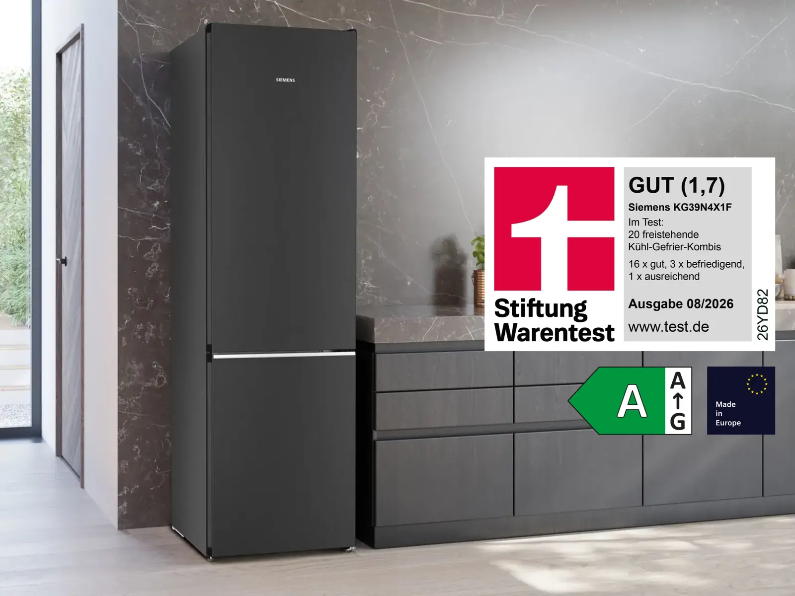 Siemens Kühl-Gefrierkombination KG39N4X1F in schwarzem Stahl, von Stiftung Warentest mit GUT (1,7) in Ausgabe 08/2026 ausgezeichnet, Energieeffizienzklasse A, Made in Europe.