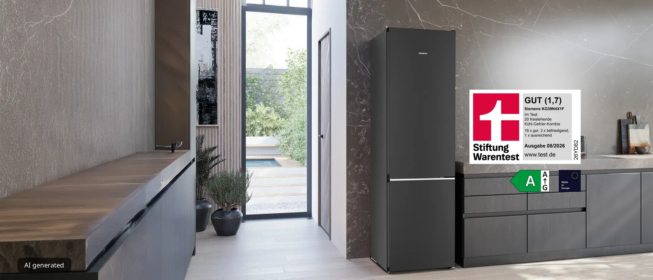 Siemens Kühl-Gefrierkombination KG39N4X1F in schwarzem Stahl, von Stiftung Warentest mit GUT (1,7) in Ausgabe 08/2026 ausgezeichnet, Energieeffizienzklasse A, Made in Europe.