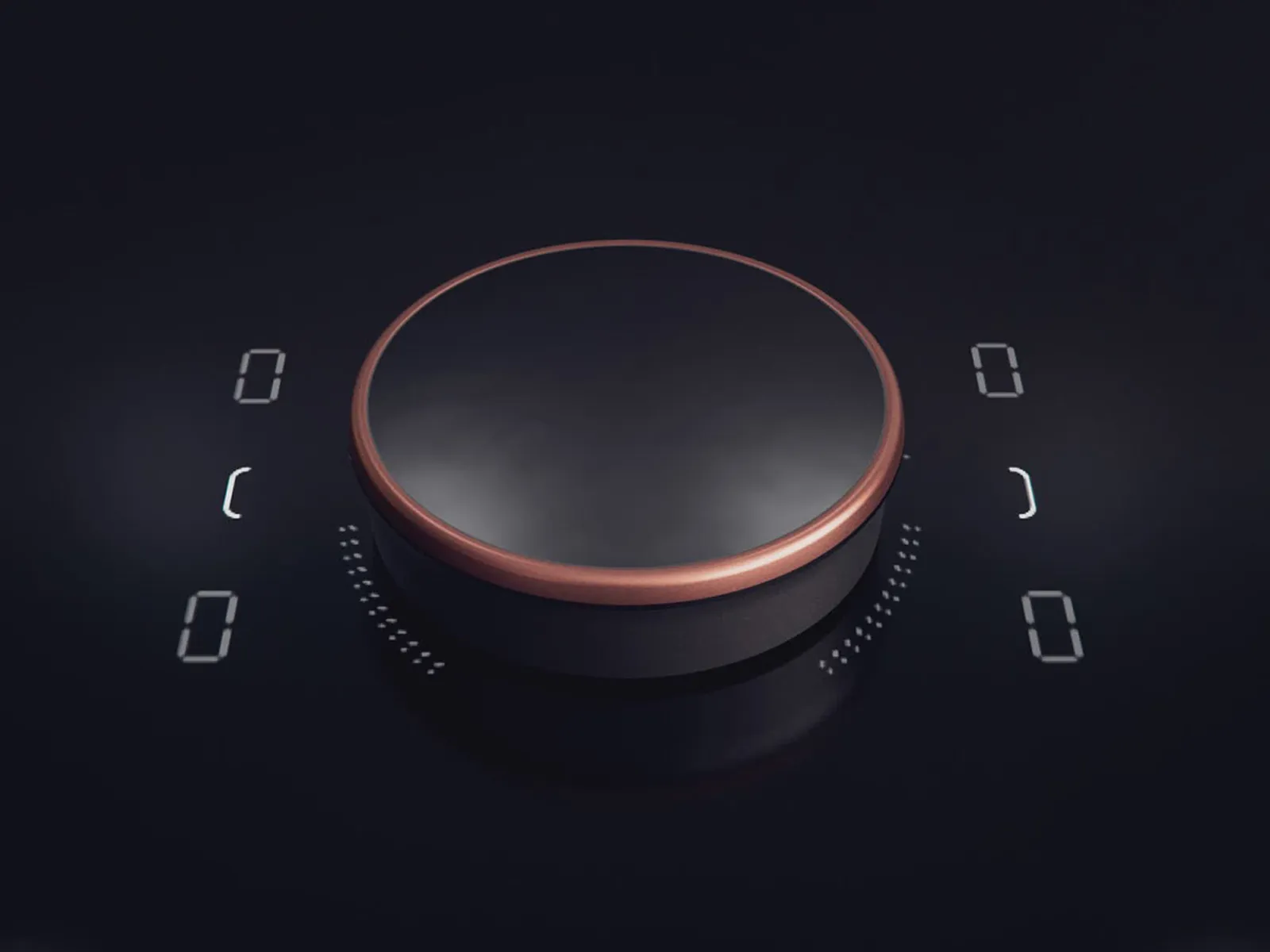 Sleek, minimalist audio control knob with LED indicators on a dark background.