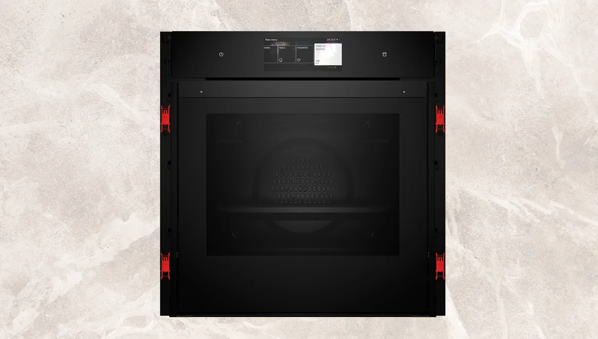 Black built-in oven with control panel and red indicator lights.